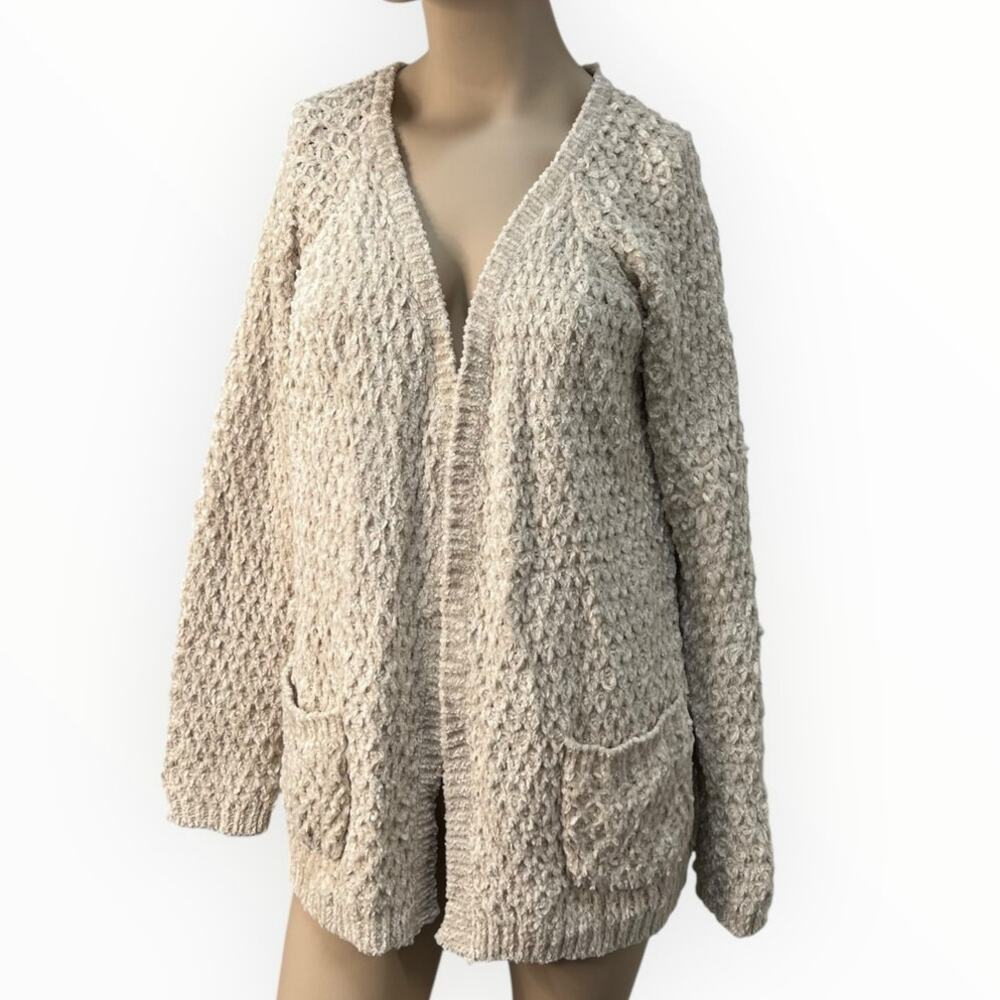 POL Chunky Knit Cream Open Front Popcorn Cardigan Patch Pockets Cottage L NWOT